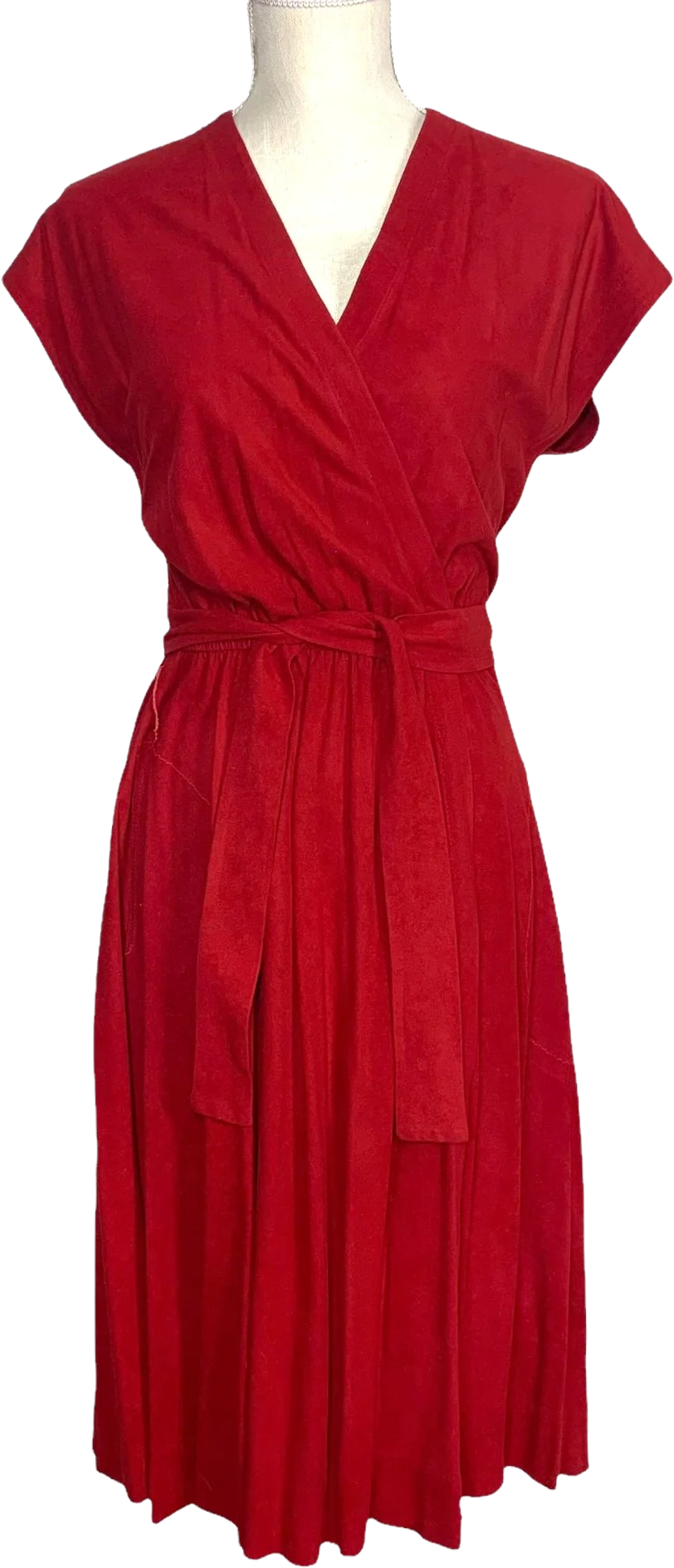Vintage 70s Red Wrap Short Sleeve Midi Faux Suede Dress by Coco