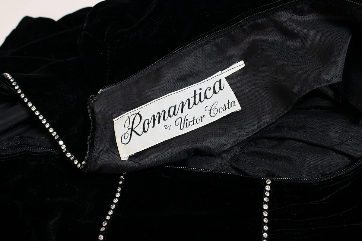 Vintage 70s Romantica Velvet Maxi Gown - Black Soft Velvet Maxi Dress with Rhinestone Trims - Formal Evening - Small Medium by Victor Costa - Image 10