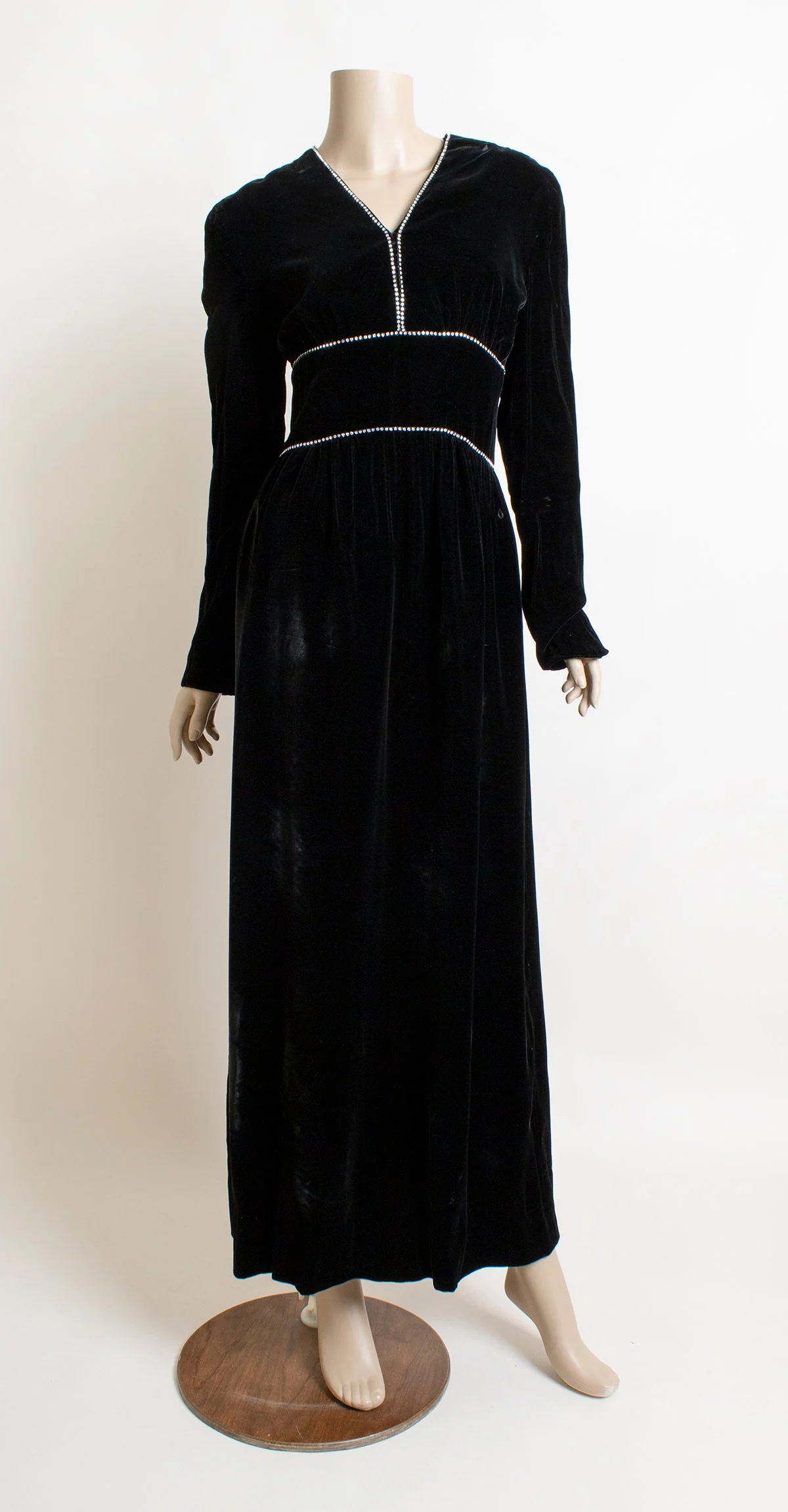 Vintage 70s Romantica Velvet Maxi Gown - Black Soft Velvet Maxi Dress with Rhinestone Trims - Formal Evening - Small Medium by Victor Costa - Image 2