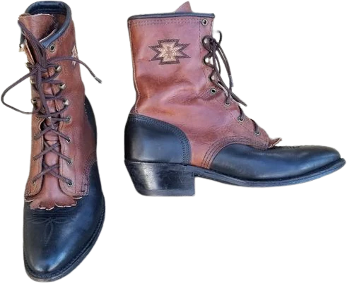 Vintage 70s Roper Packer Boots Two Tone Leather Geometrical Southwestern Stitching 6. 5