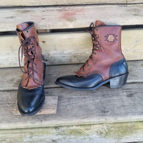 Vintage 70s Roper Packer Boots Two Tone Leather Geometrical Southwestern Stitching 6. 5 - Image 10