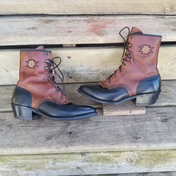 Vintage 70s Roper Packer Boots Two Tone Leather Geometrical Southwestern Stitching 6. 5 - Image 2