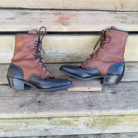 Vintage 70s Roper Packer Boots Two Tone Leather Geometrical Southwestern Stitching 6. 5 - Image 3