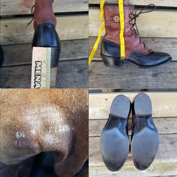 Vintage 70s Roper Packer Boots Two Tone Leather Geometrical Southwestern Stitching 6. 5 - Image 4