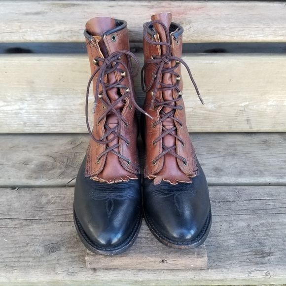 Vintage 70s Roper Packer Boots Two Tone Leather Geometrical Southwestern Stitching 6. 5 - Image 5