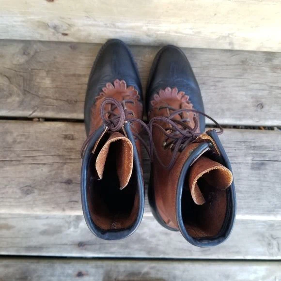 Vintage 70s Roper Packer Boots Two Tone Leather Geometrical Southwestern Stitching 6. 5 - Image 8