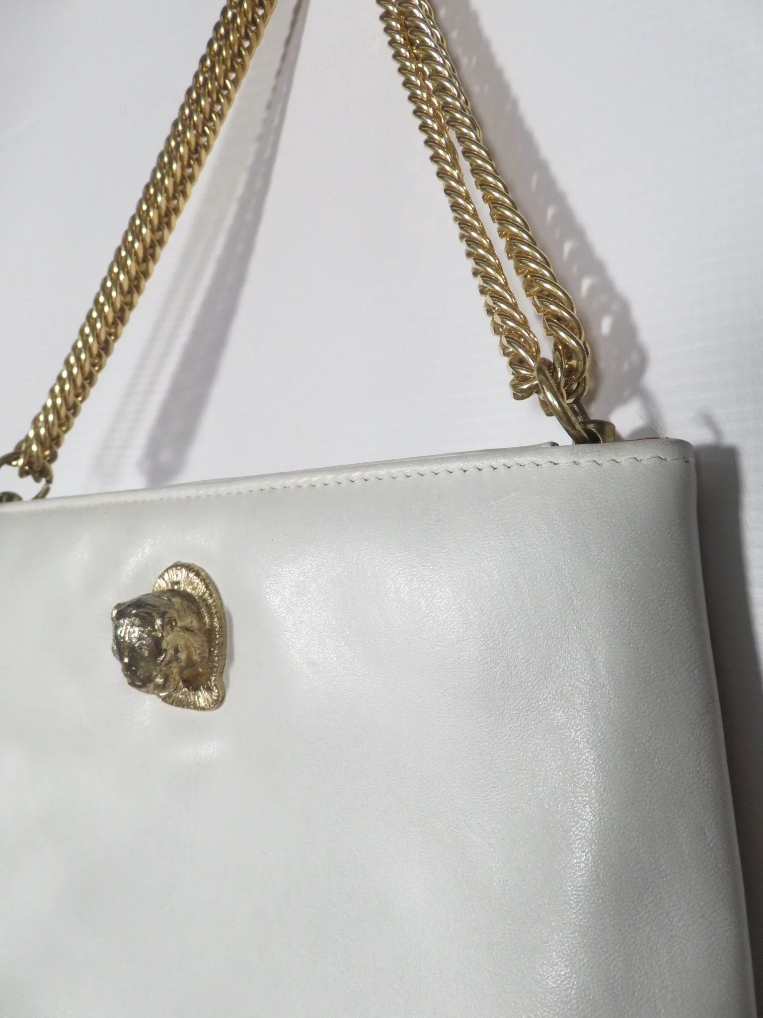 Vintage 70s Ruth Saltz Ivory Leather Lion Head Hinge Gold Chain Purse by Ruth Saltz - Image 3
