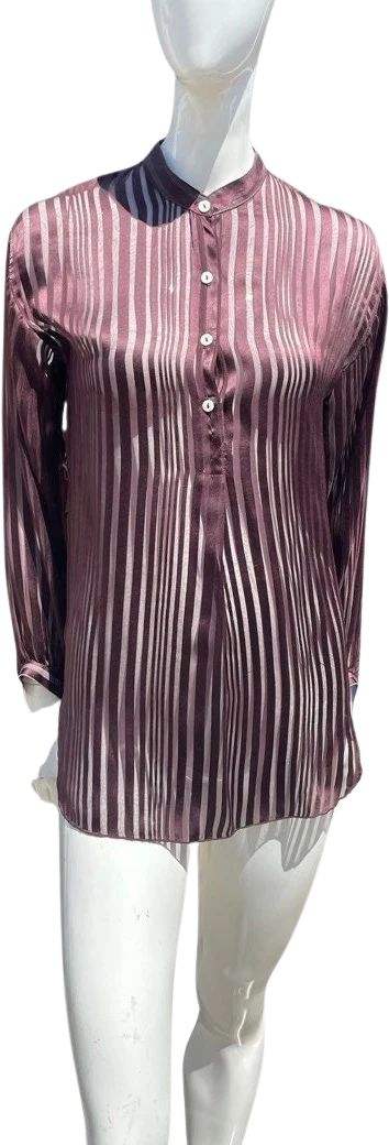 Vintage 70s Saint Tropez West All Silk Burnt Striped Purple Blouse Top Dress Shirt Collarless Sheer Sexy Sm by Carole Little