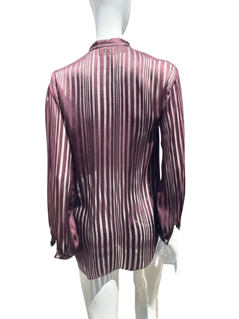Vintage 70s Saint Tropez West All Silk Burnt Striped Purple Blouse Top Dress Shirt Collarless Sheer Sexy Sm by Carole Little - Image 2