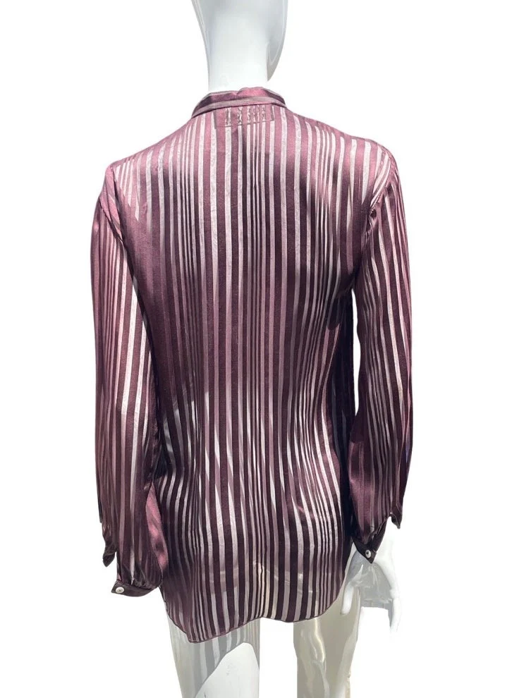 Vintage 70s Saint Tropez West All Silk Burnt Striped Purple Blouse Top Dress Shirt Collarless Sheer Sexy Sm by Carole Little - Image 3