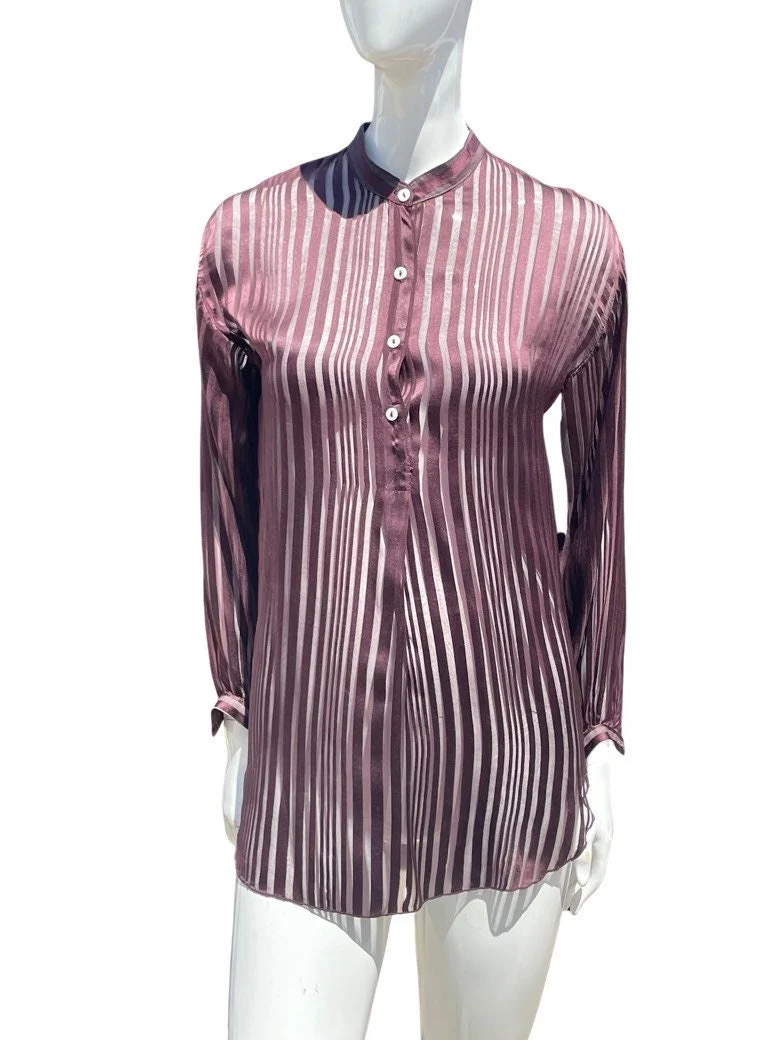 Vintage 70s Saint Tropez West All Silk Burnt Striped Purple Blouse Top Dress Shirt Collarless Sheer Sexy Sm by Carole Little - Image 4