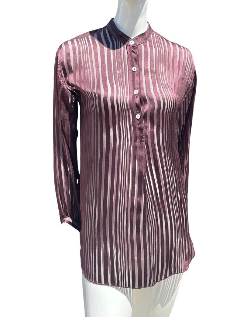 Vintage 70s Saint Tropez West All Silk Burnt Striped Purple Blouse Top Dress Shirt Collarless Sheer Sexy Sm by Carole Little - Image 5