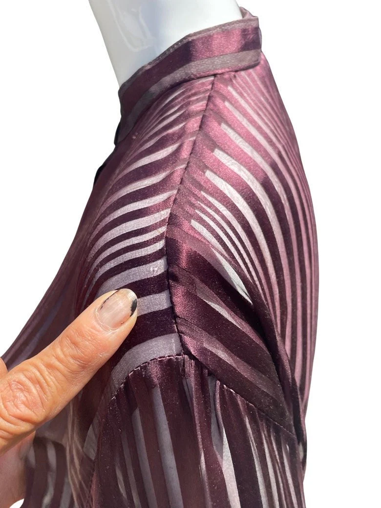 Vintage 70s Saint Tropez West All Silk Burnt Striped Purple Blouse Top Dress Shirt Collarless Sheer Sexy Sm by Carole Little - Image 6