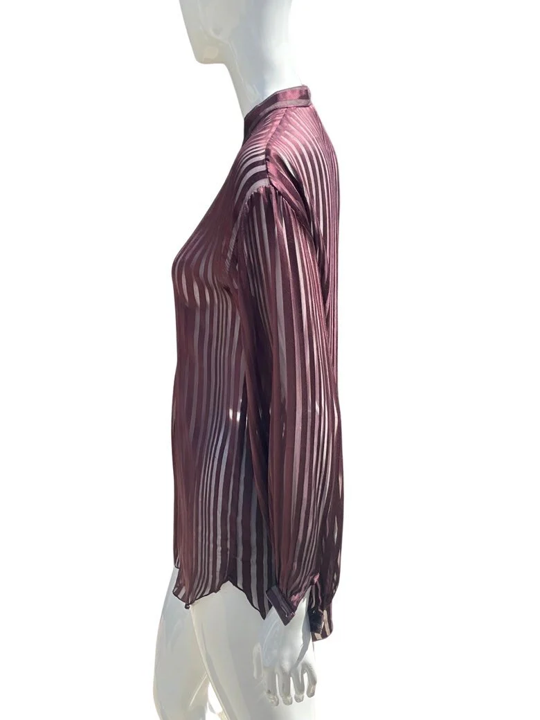 Vintage 70s Saint Tropez West All Silk Burnt Striped Purple Blouse Top Dress Shirt Collarless Sheer Sexy Sm by Carole Little - Image 7