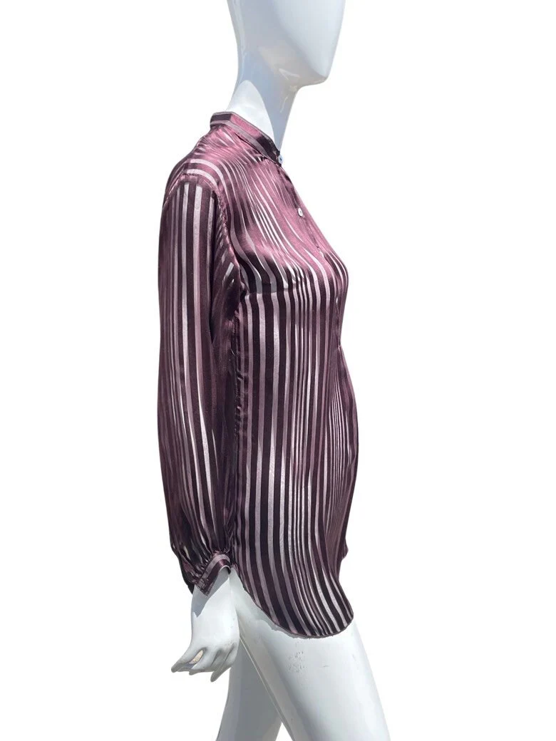 Vintage 70s Saint Tropez West All Silk Burnt Striped Purple Blouse Top Dress Shirt Collarless Sheer Sexy Sm by Carole Little - Image 8