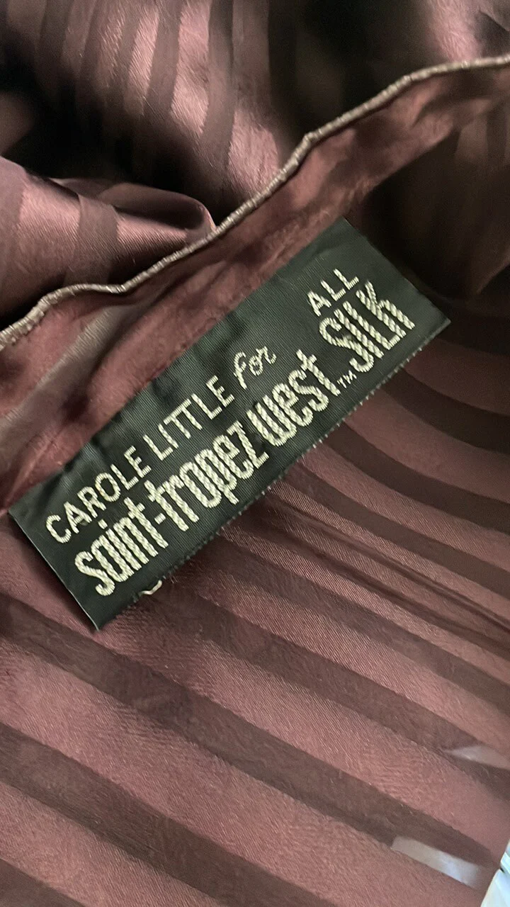 Vintage 70s Saint Tropez West All Silk Burnt Striped Purple Blouse Top Dress Shirt Collarless Sheer Sexy Sm by Carole Little - Image 9