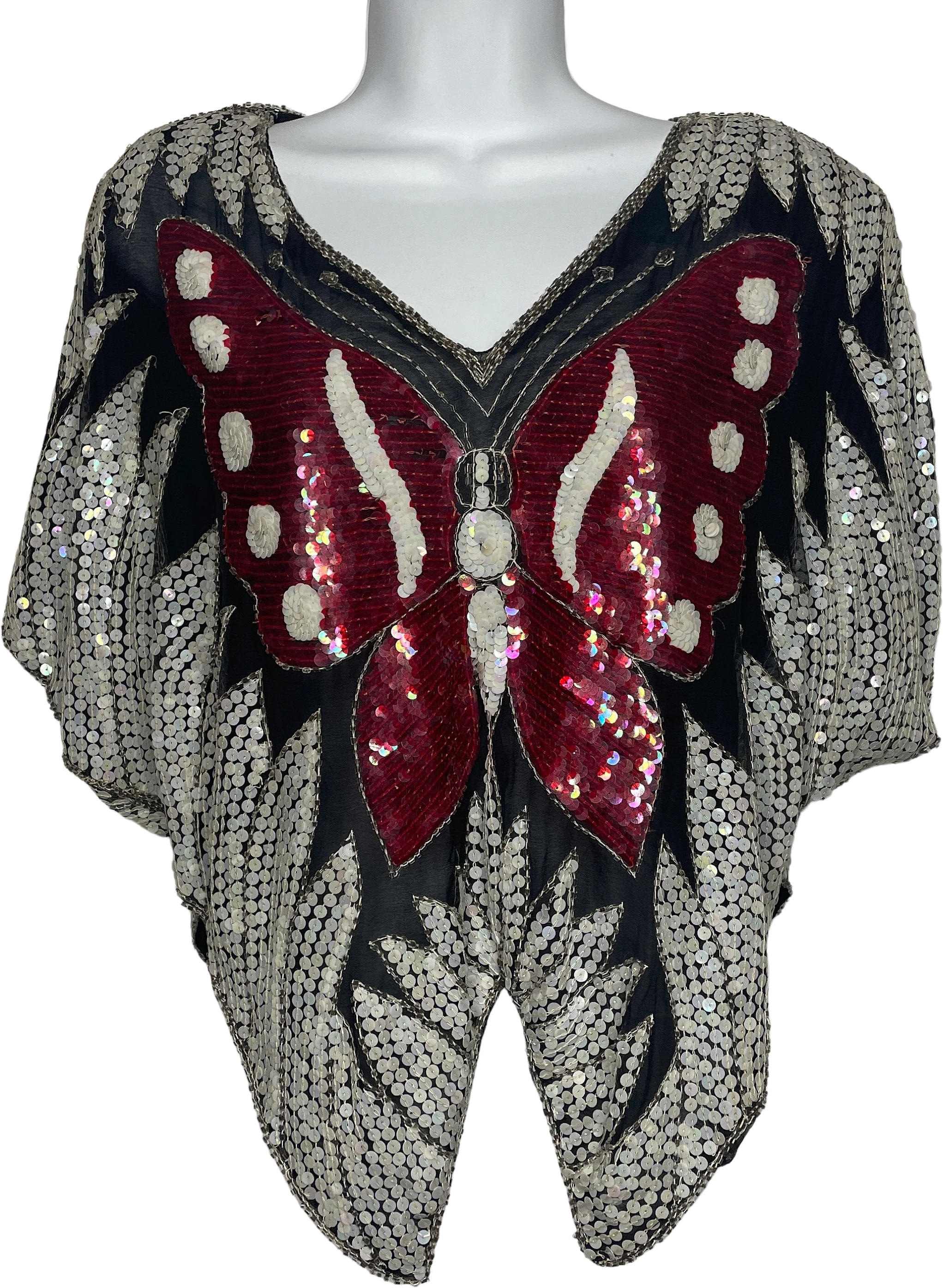 Vintage 70s Sheer Black Silk Sequined Butterfly Disco Blouse Crop Top One Size