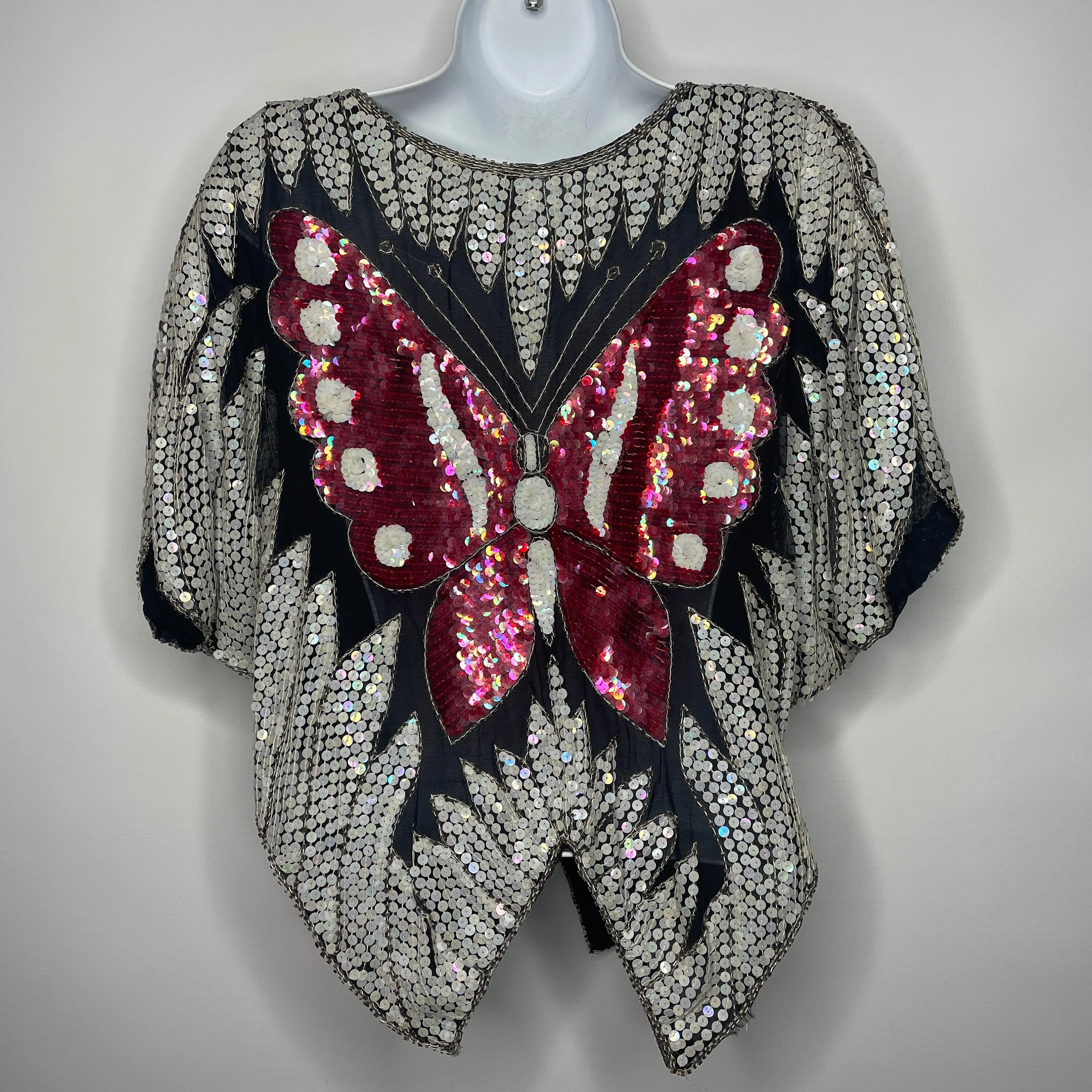 Vintage 70s Sheer Black Silk Sequined Butterfly Disco Blouse Crop Top One Size - Image 2