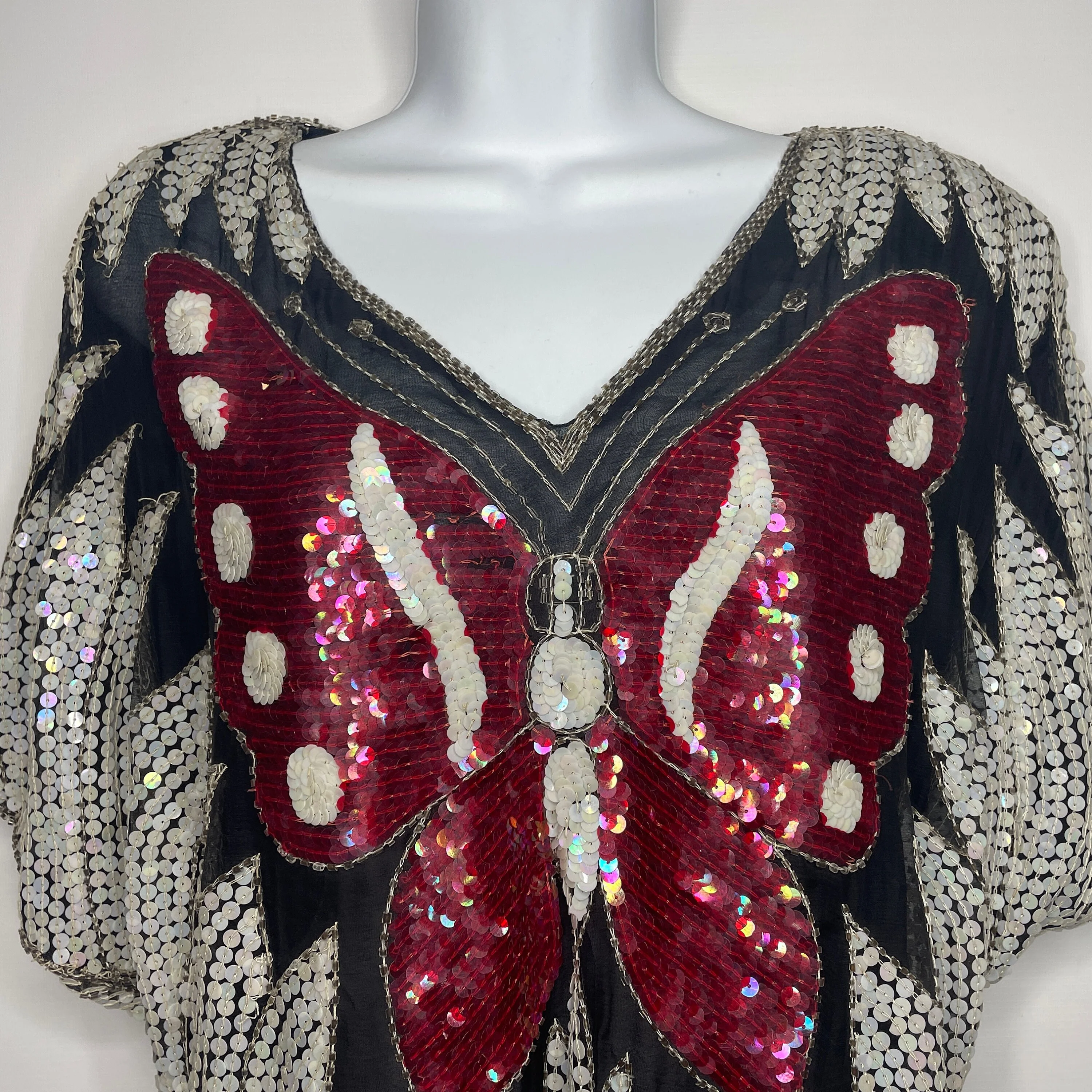 Vintage 70s Sheer Black Silk Sequined Butterfly Disco Blouse Crop Top One Size - Image 3