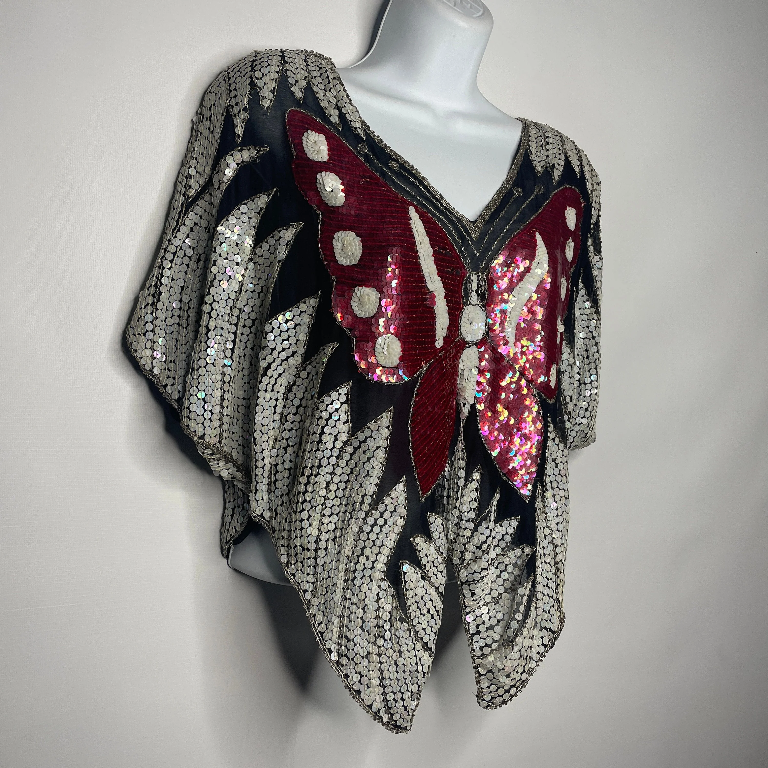Vintage 70s Sheer Black Silk Sequined Butterfly Disco Blouse Crop Top One Size - Image 4