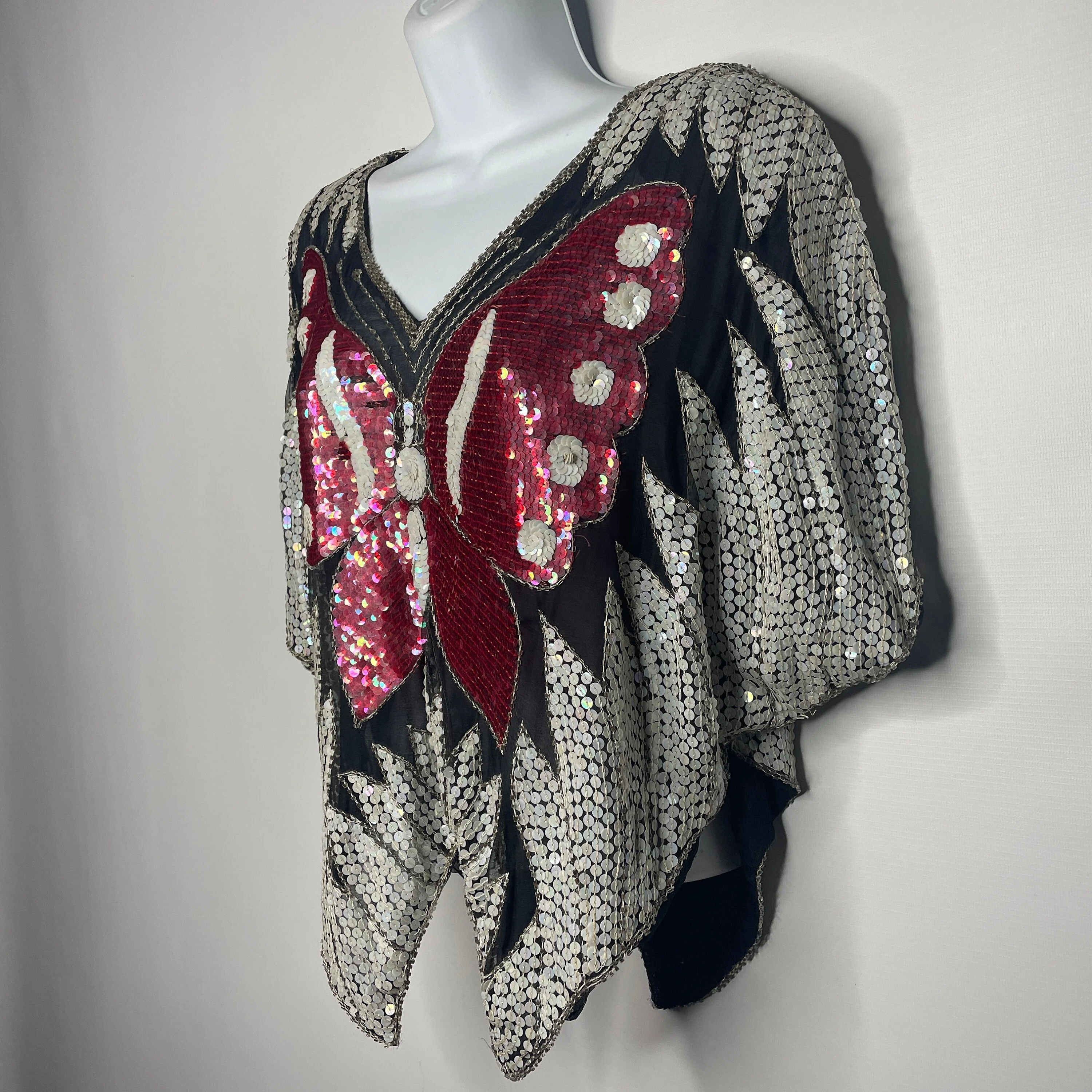 Vintage 70s Sheer Black Silk Sequined Butterfly Disco Blouse Crop Top One Size - Image 6