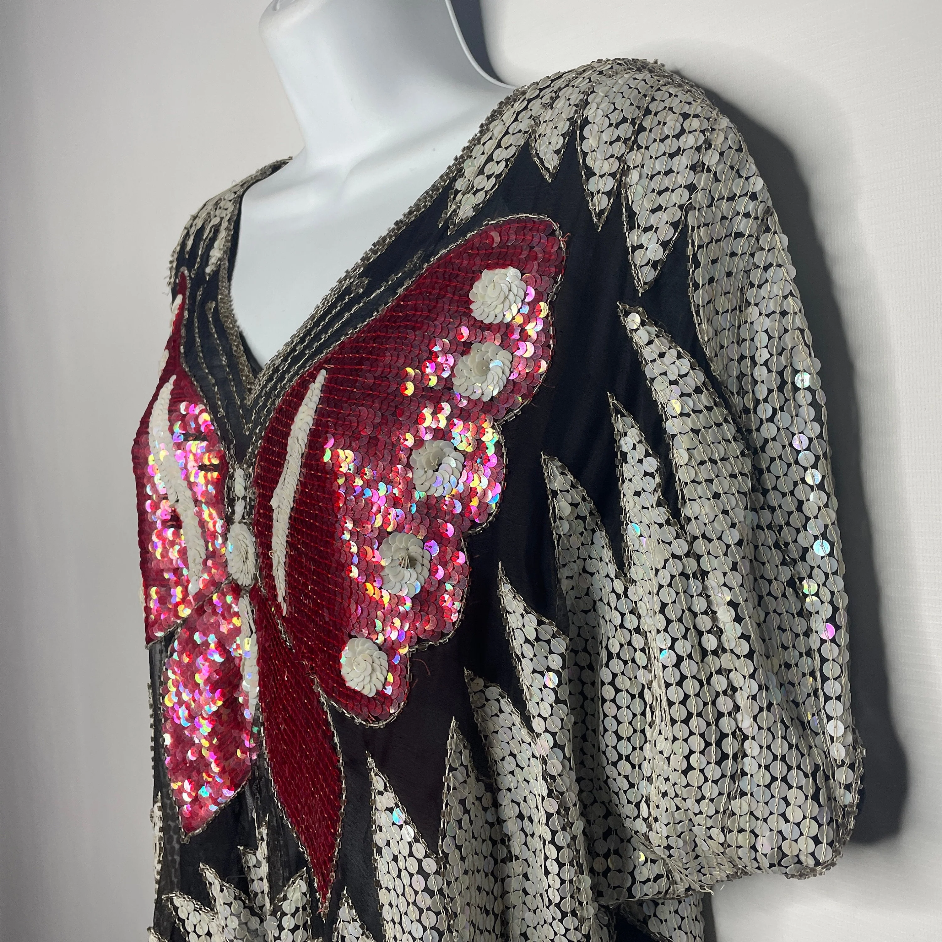 Vintage 70s Sheer Black Silk Sequined Butterfly Disco Blouse Crop Top One Size - Image 7