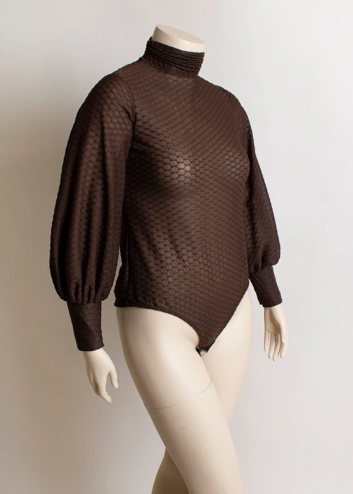 Vintage 70s Sheer Bodysuit Long Puff Sleeves Mock Turtle Neck Chocolate Brown One Piece Bodysuit Xl - Image 3