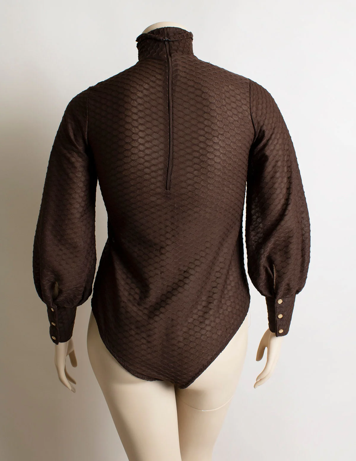 Vintage 70s Sheer Bodysuit Long Puff Sleeves Mock Turtle Neck Chocolate Brown One Piece Bodysuit Xl - Image 4
