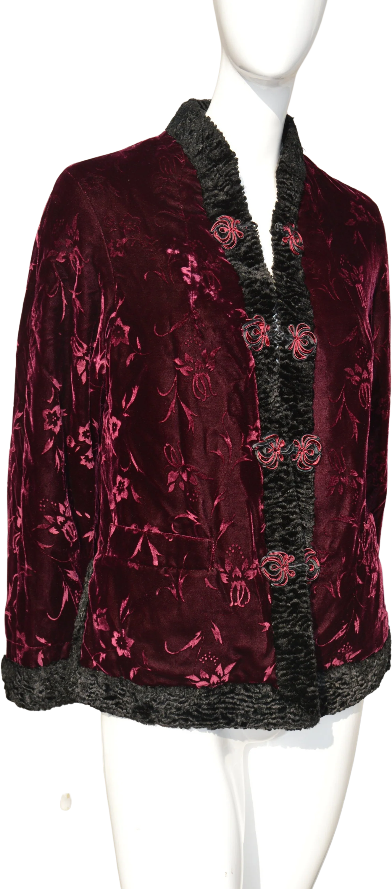 Vintage 70s Short Cropped Style Velvet Jacket Floral Pattern Broadtail Coat