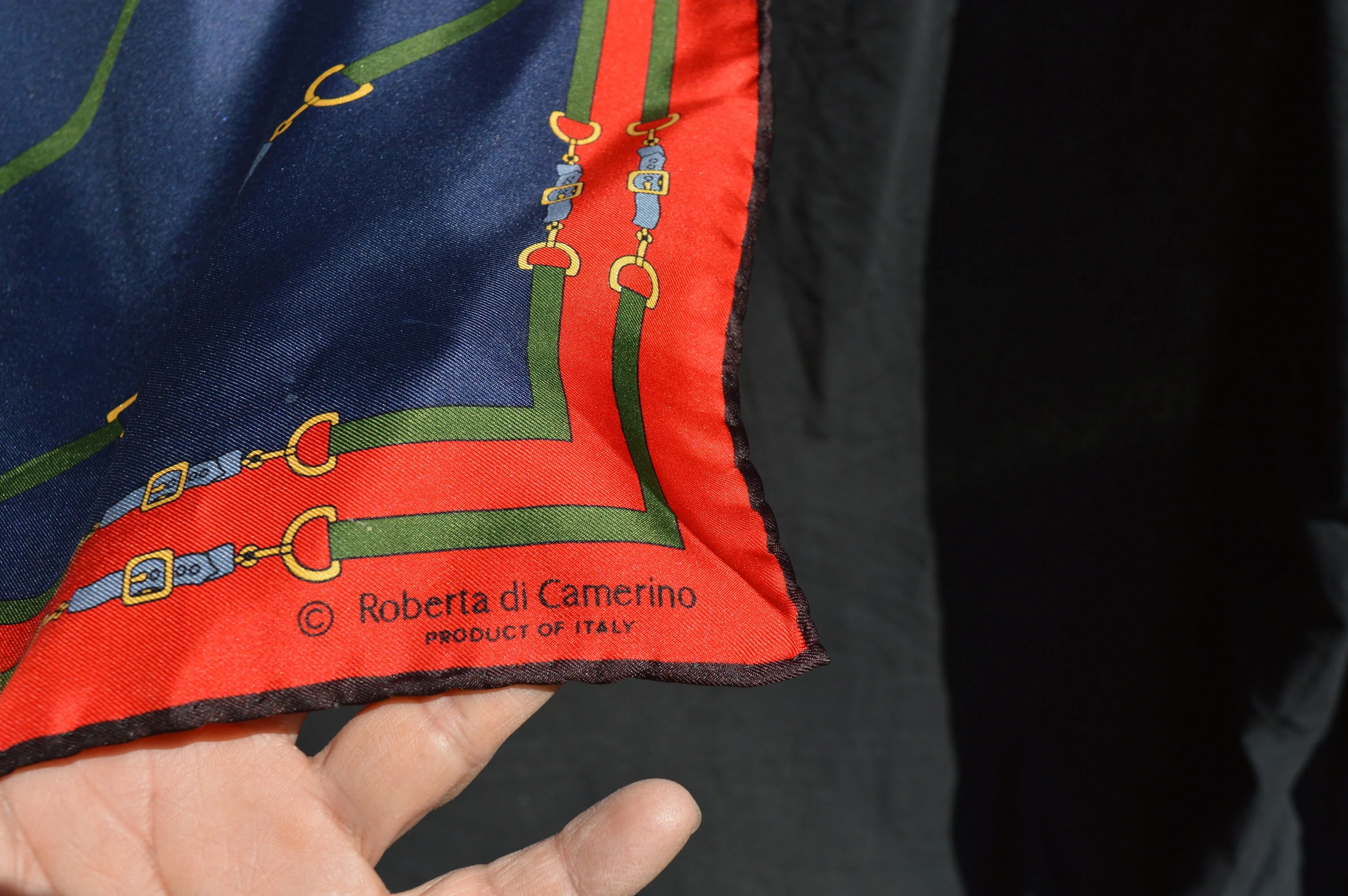 Vintage 70s Silk Horse Bit Belts Pattern Navy Blue and Red Scarf Wrap Scarves by Roberta Di Camerino - Image 3