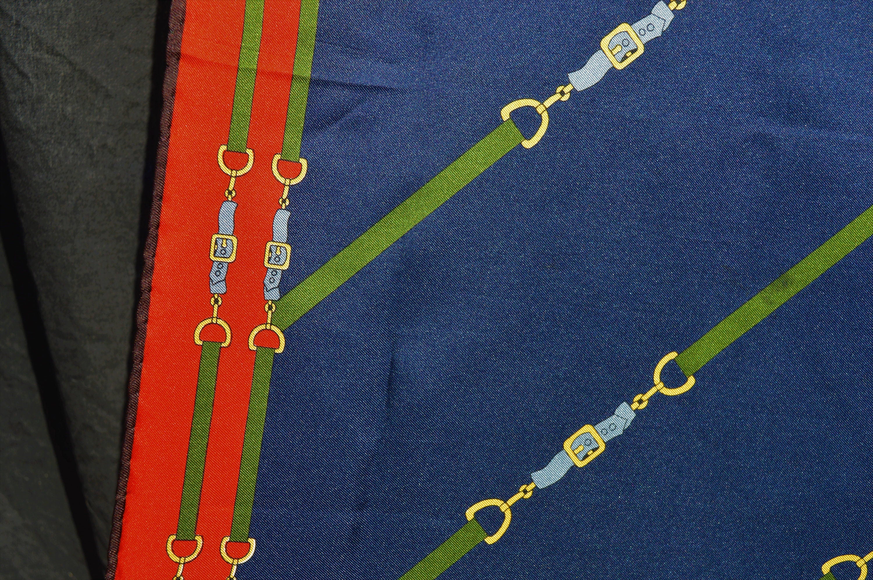 Vintage 70s Silk Horse Bit Belts Pattern Navy Blue and Red Scarf Wrap Scarves by Roberta Di Camerino - Image 4