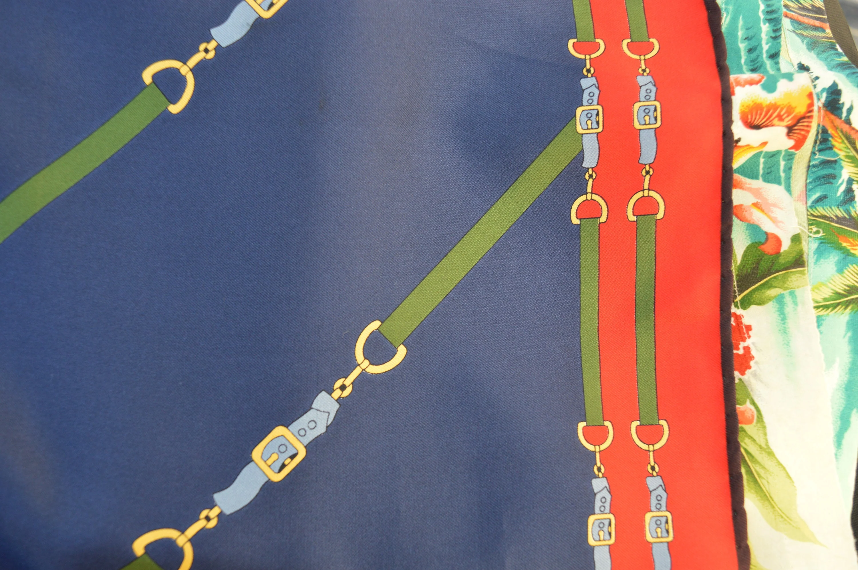 Vintage 70s Silk Horse Bit Belts Pattern Navy Blue and Red Scarf Wrap Scarves by Roberta Di Camerino - Image 5