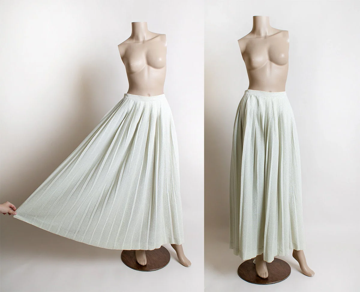 Vintage 70s Silver Lurex Maxi Skirt Pleated Floor Length Skirt Miss Shaheen Glamour Small Medium 28" Waist by Miss Shahee - Image 3