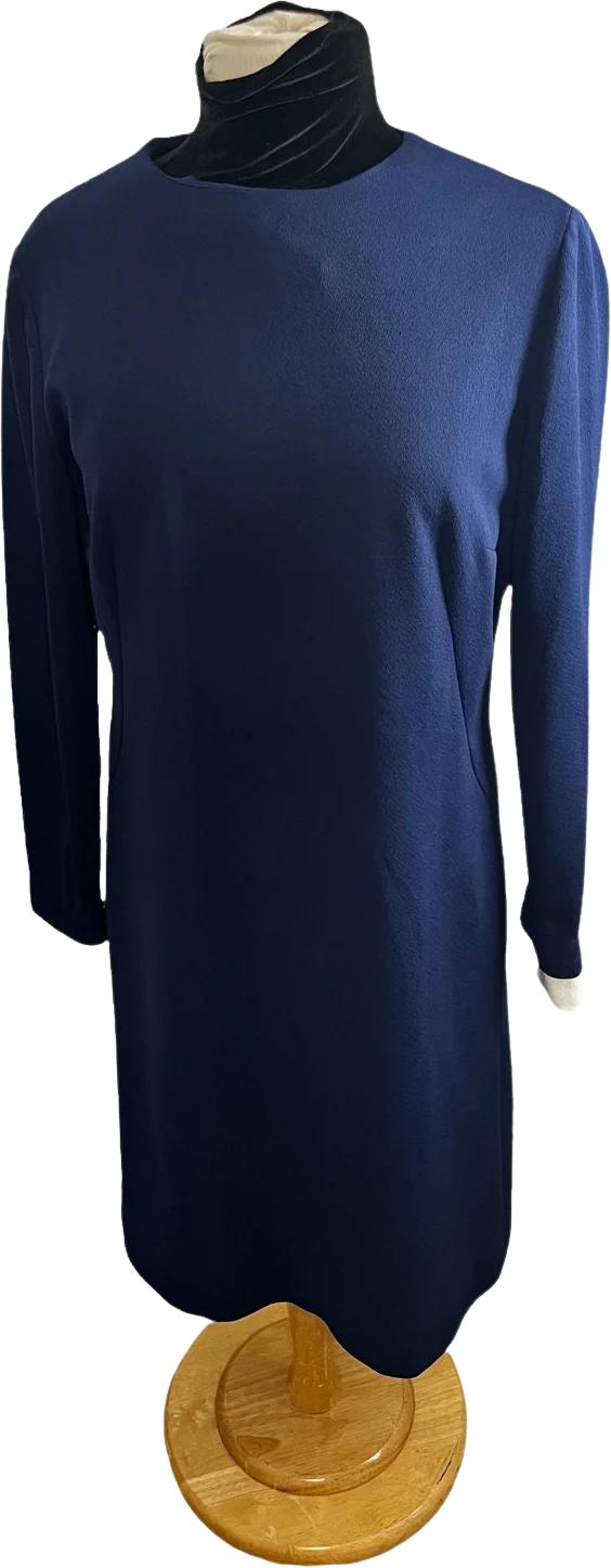 Vintage 70s Simple Navy Blue White Long Sleeved Professional Dress L/xl