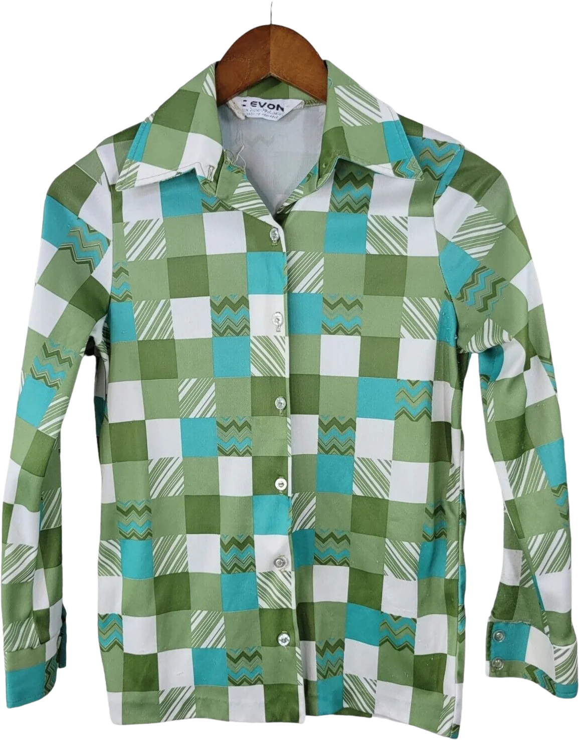 Vintage 70s Size Small Medium Top Blouse Shirt Geometric Disco Psychedelic Green