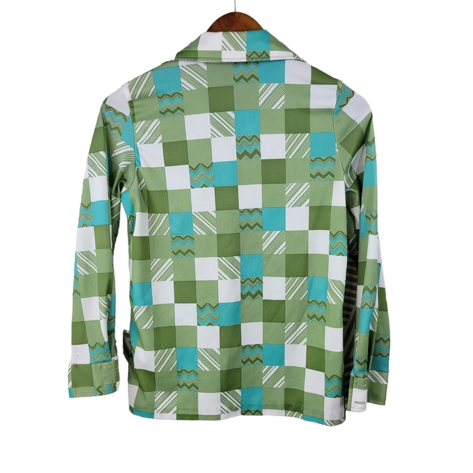 Vintage 70s Size Small Medium Top Blouse Shirt Geometric Disco Psychedelic Green - Image 6