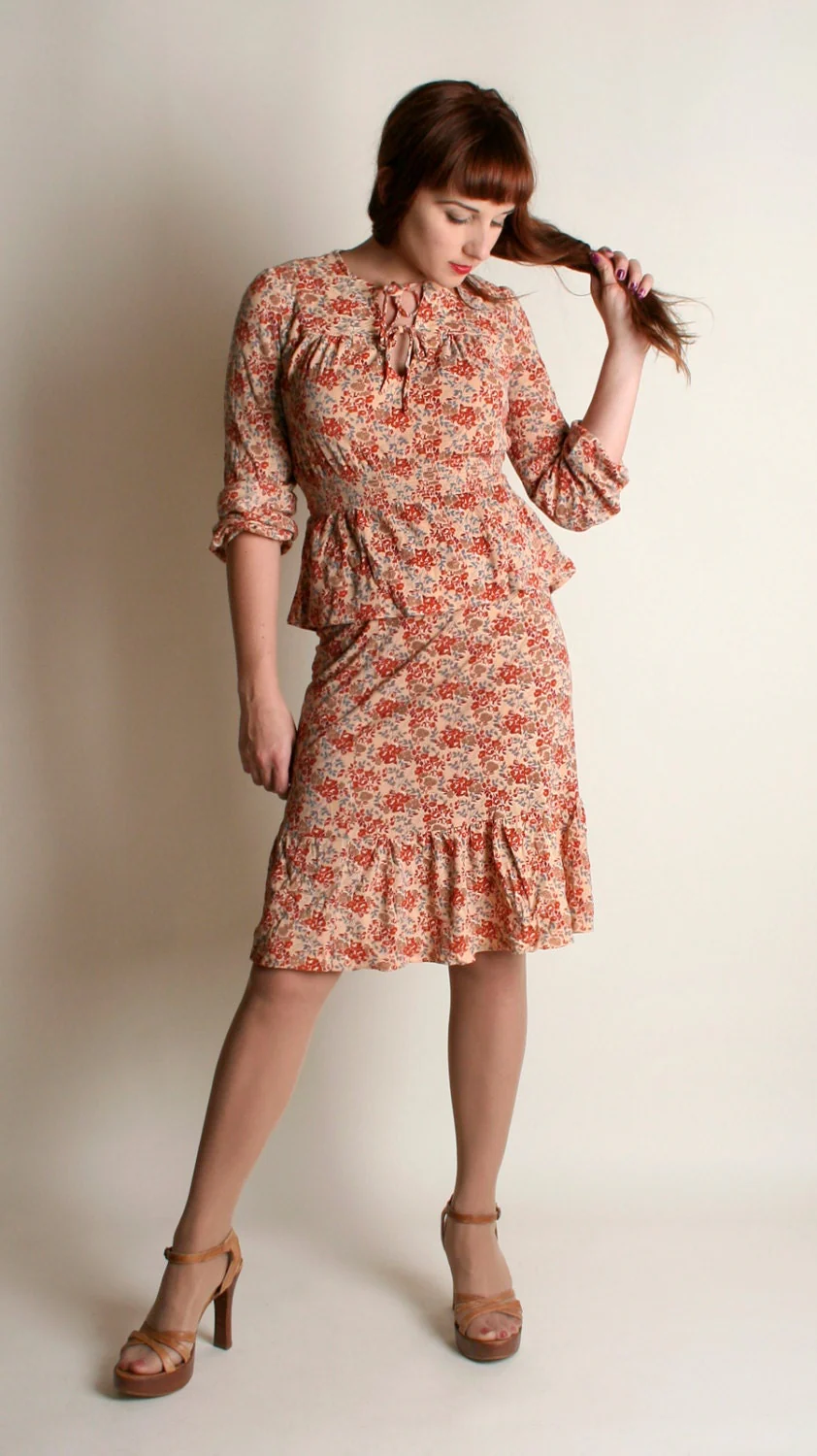 Vintage 70s Skirt and Blouse Set Autumn Rust Brown Floral Print Top and Ruffle Skirt Small - Image 3