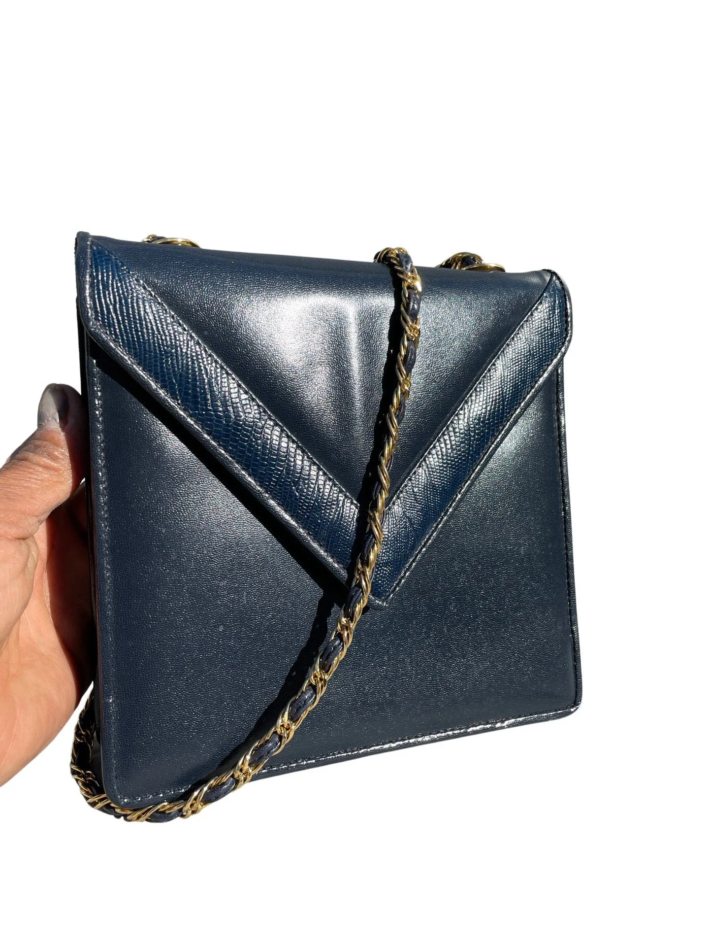 Vintage 70s Small Chic Leather Bag Handbag Purse Gold Chain Shoulder Bag by Jay Hebert - Image 3