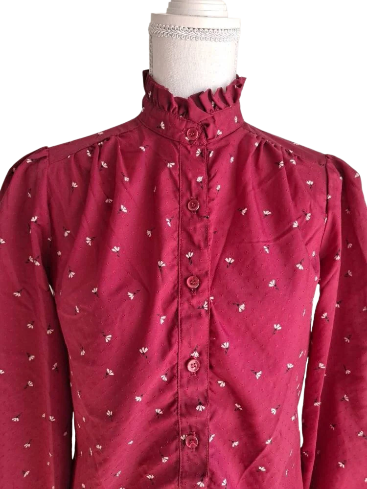 70s Vintage Red Floral High Neck Ruffle Blouse By Stockton's