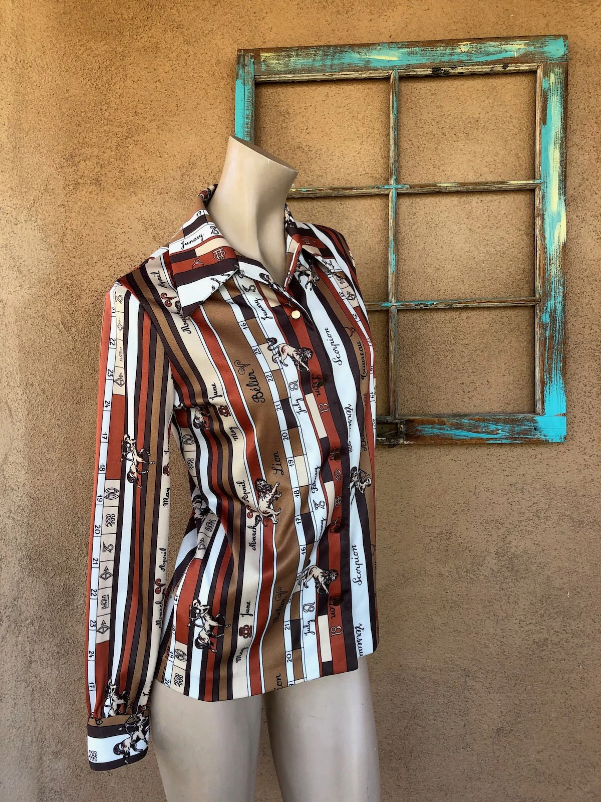 Vintage 70s Striped Polyester Blouse Astrology Theme Novelty Print Sz S by Donovan Galvani of Dallas - Image 5