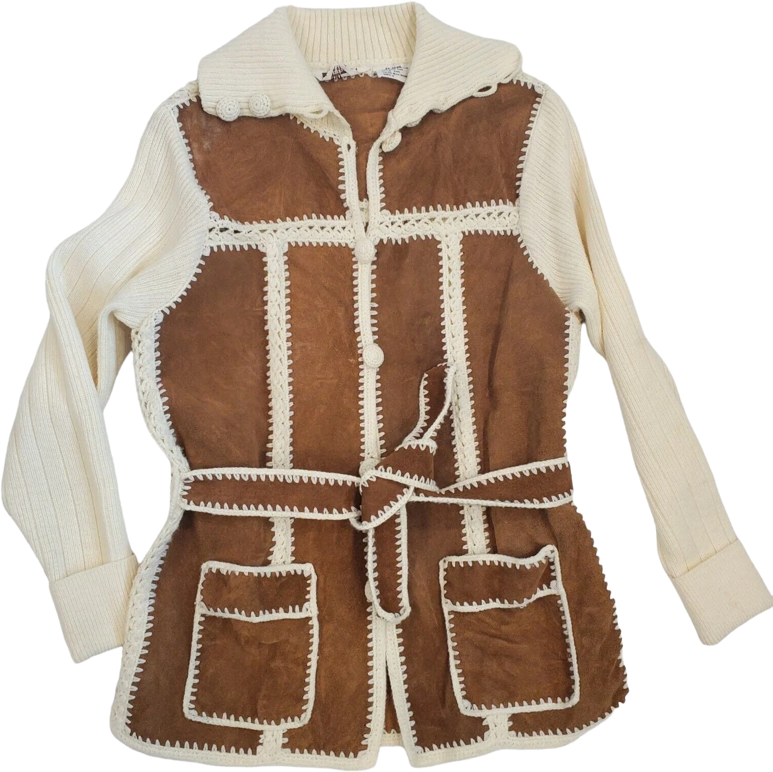 Vintage 70s Suede Knit Belted Cardigan Jacket Cream Brown Western Sz S/m by Montgomery Ward