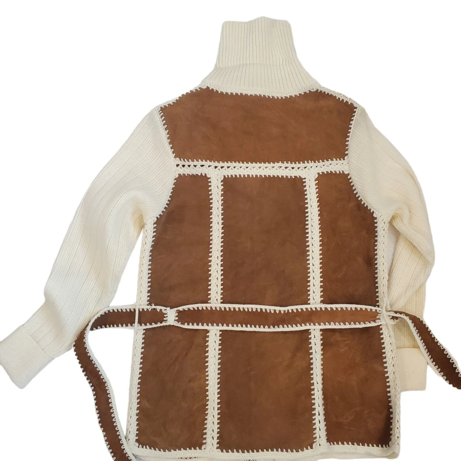 Vintage 70s Suede Knit Belted Cardigan Jacket Cream Brown Western Sz S/m by Montgomery Ward - Image 2