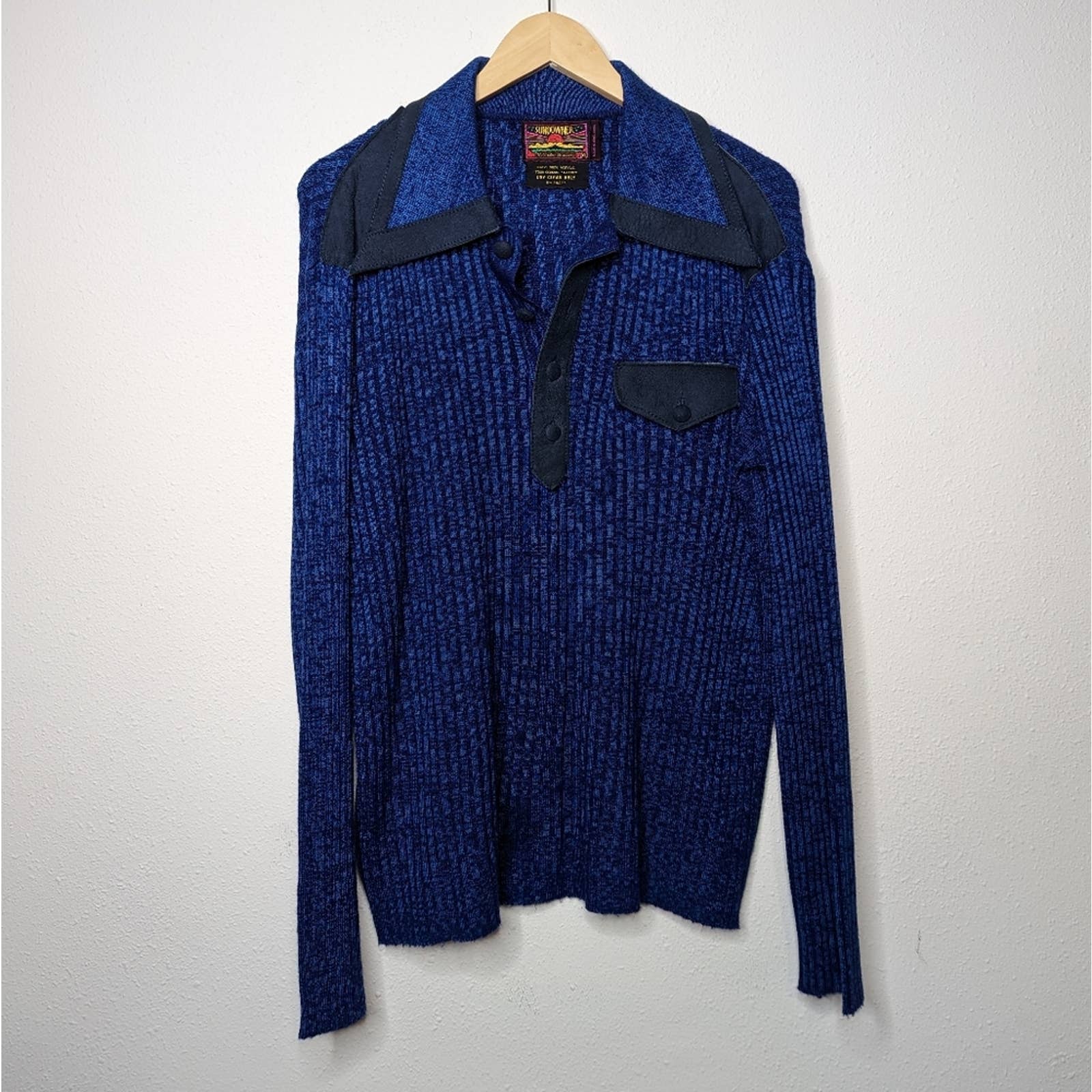 Vintage 70s Sundowner Ribbed Polo Collar Sweater Leather Trim by Shirley Strasberg - Image 3