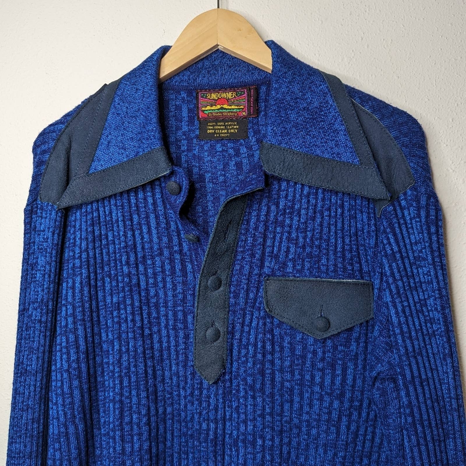 Vintage 70s Sundowner Ribbed Polo Collar Sweater Leather Trim by Shirley Strasberg - Image 4