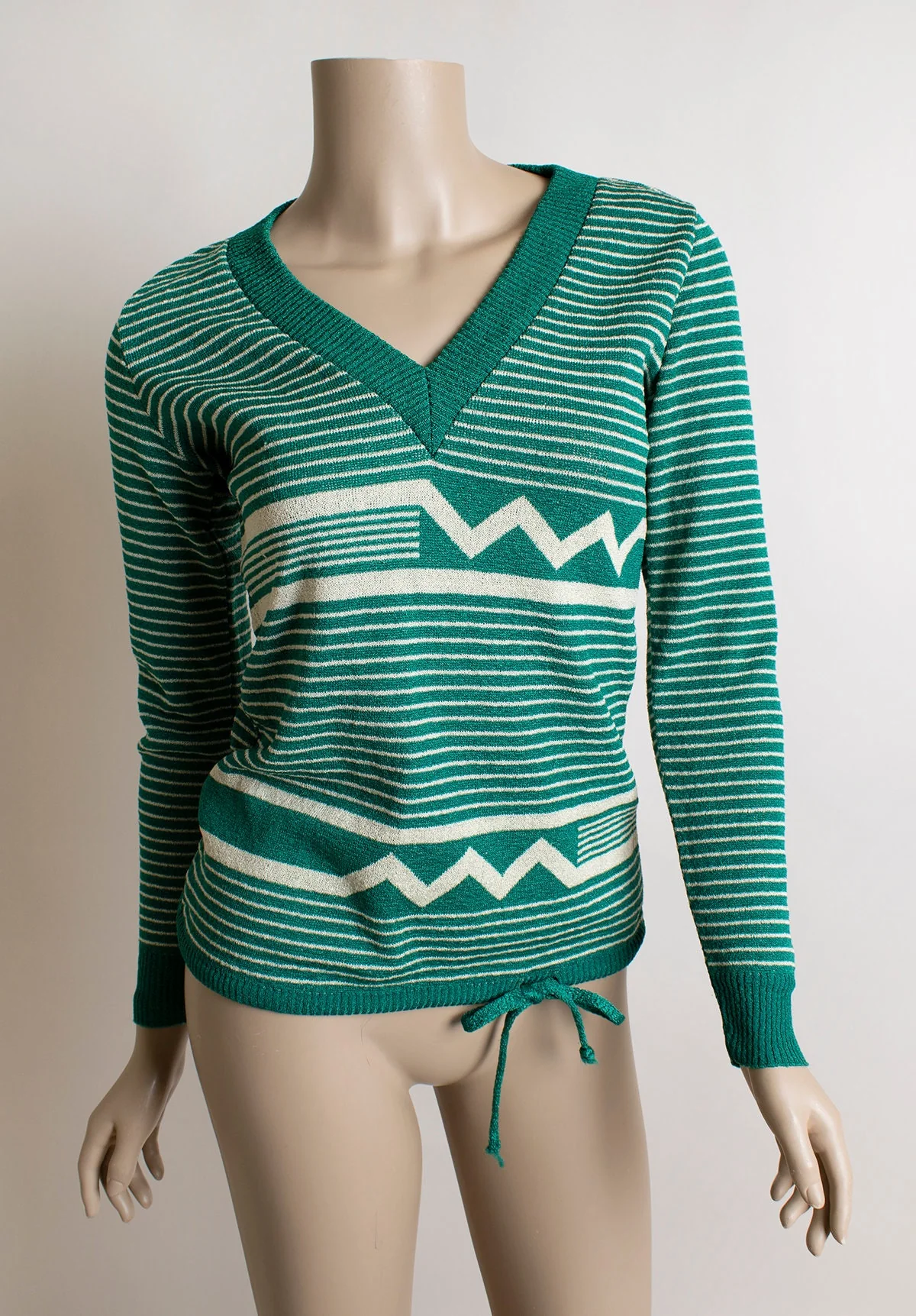 Vintage 70s Sweater Pullover Striped Long Sleeve Sweater with Zig Zag Print and Drawstring Tie Waist Small - Image 6