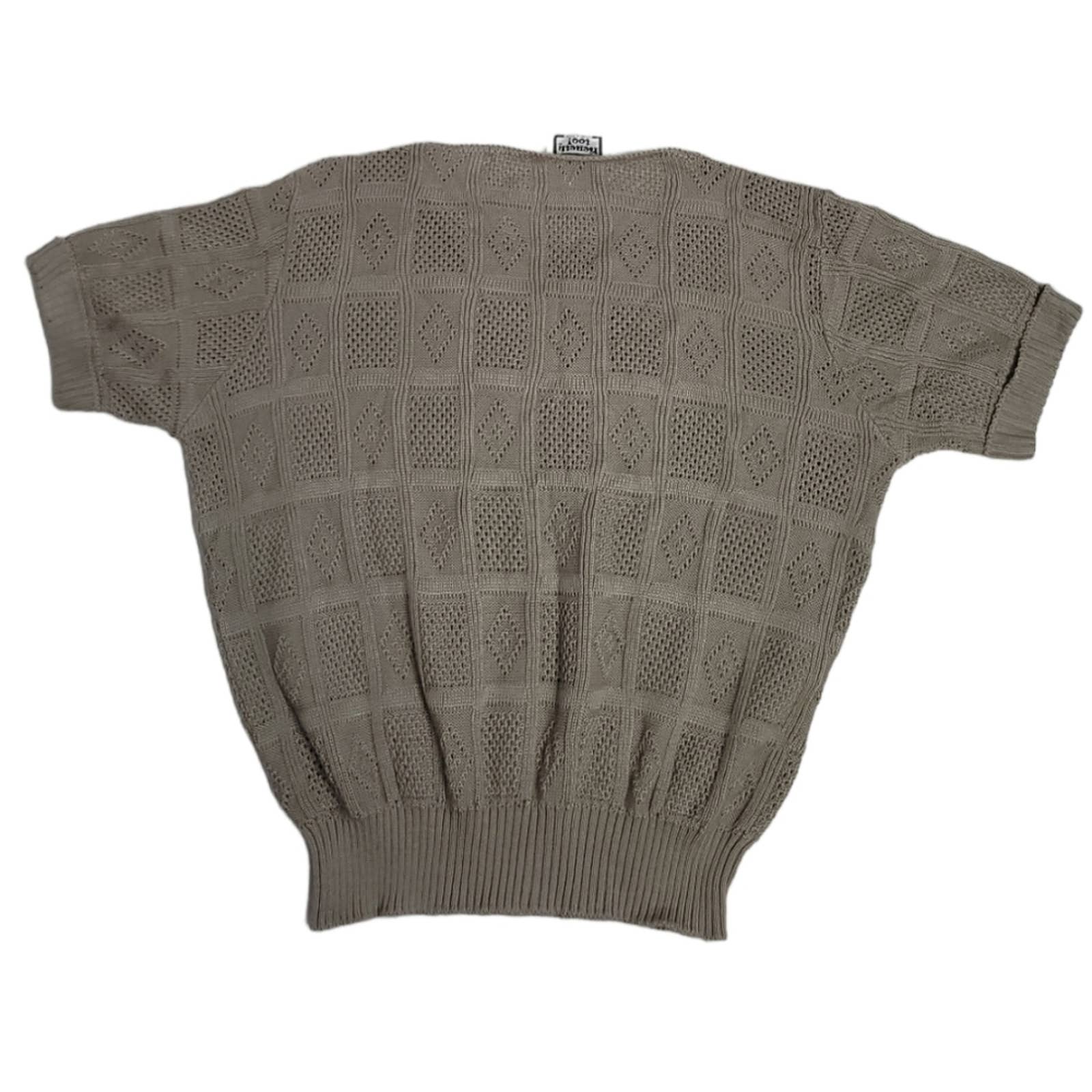 Vintage 70s Tan Short Sleeve Sweater Lightweight Diamond Knit Neutral S by Kenneth Too - Image 2