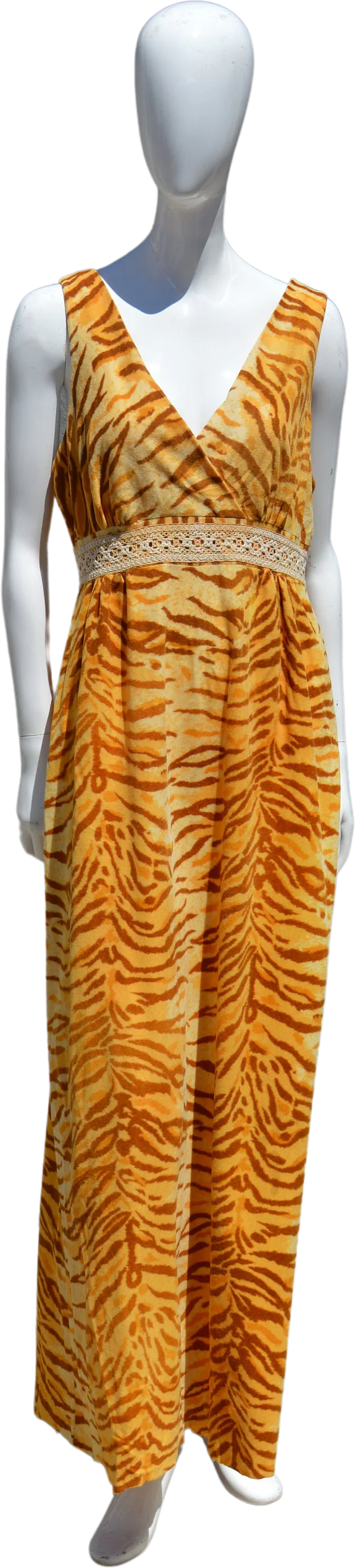 Vintage 70s Tiger Novelty Print Maxi Dress Size 10-12 Palm Springs Mid Century Hostess Sleeveless Animal Print Party Dress