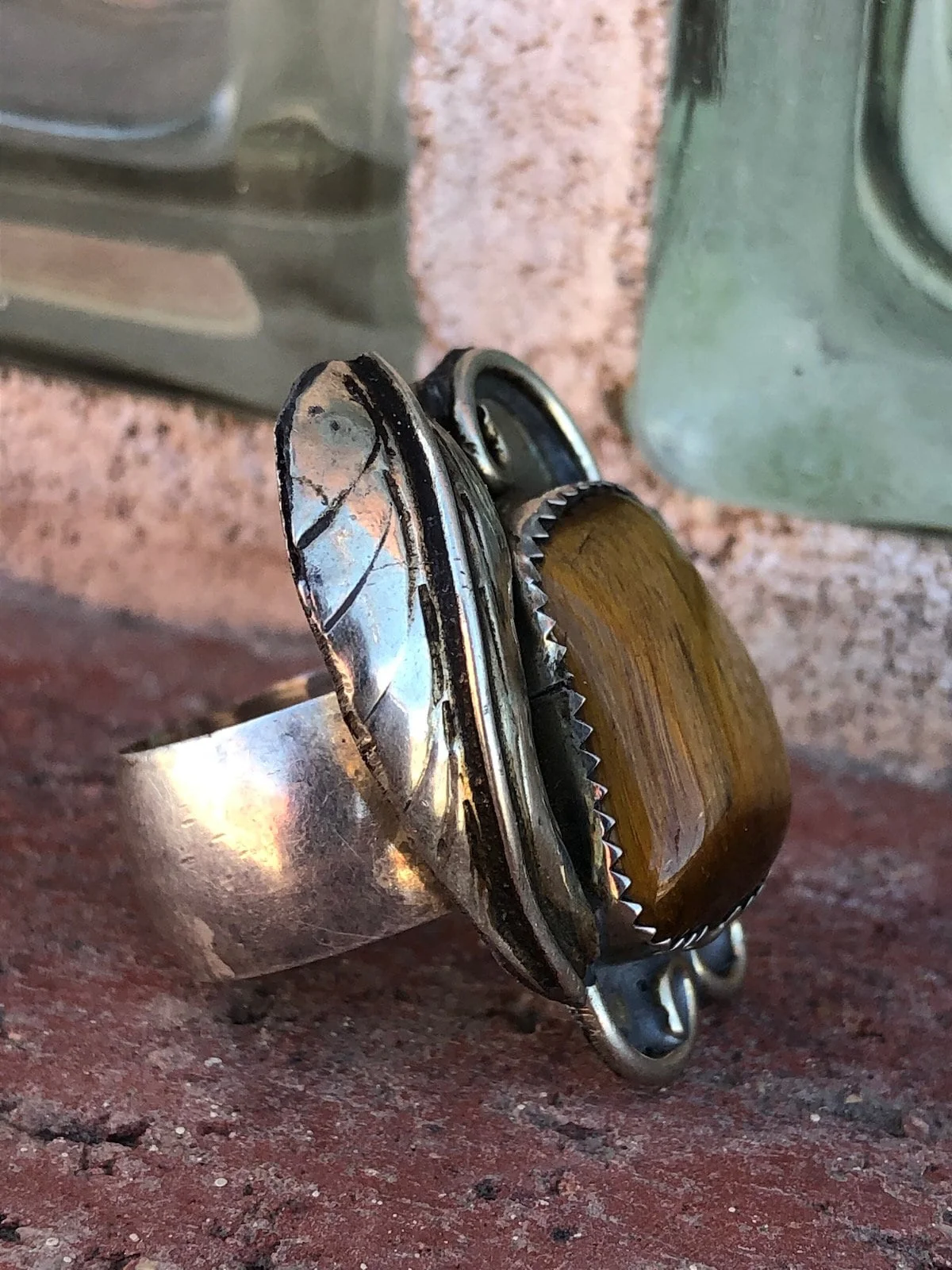 70s Vintage Tigers Eye Statement Ring Sz 6. 5 By Native - Image 6
