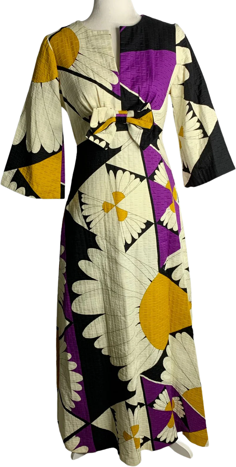 Vintage 70s Tori Richard Tropical Maxi Dress S Black Gold Daisy Sleeve by Tori Richard