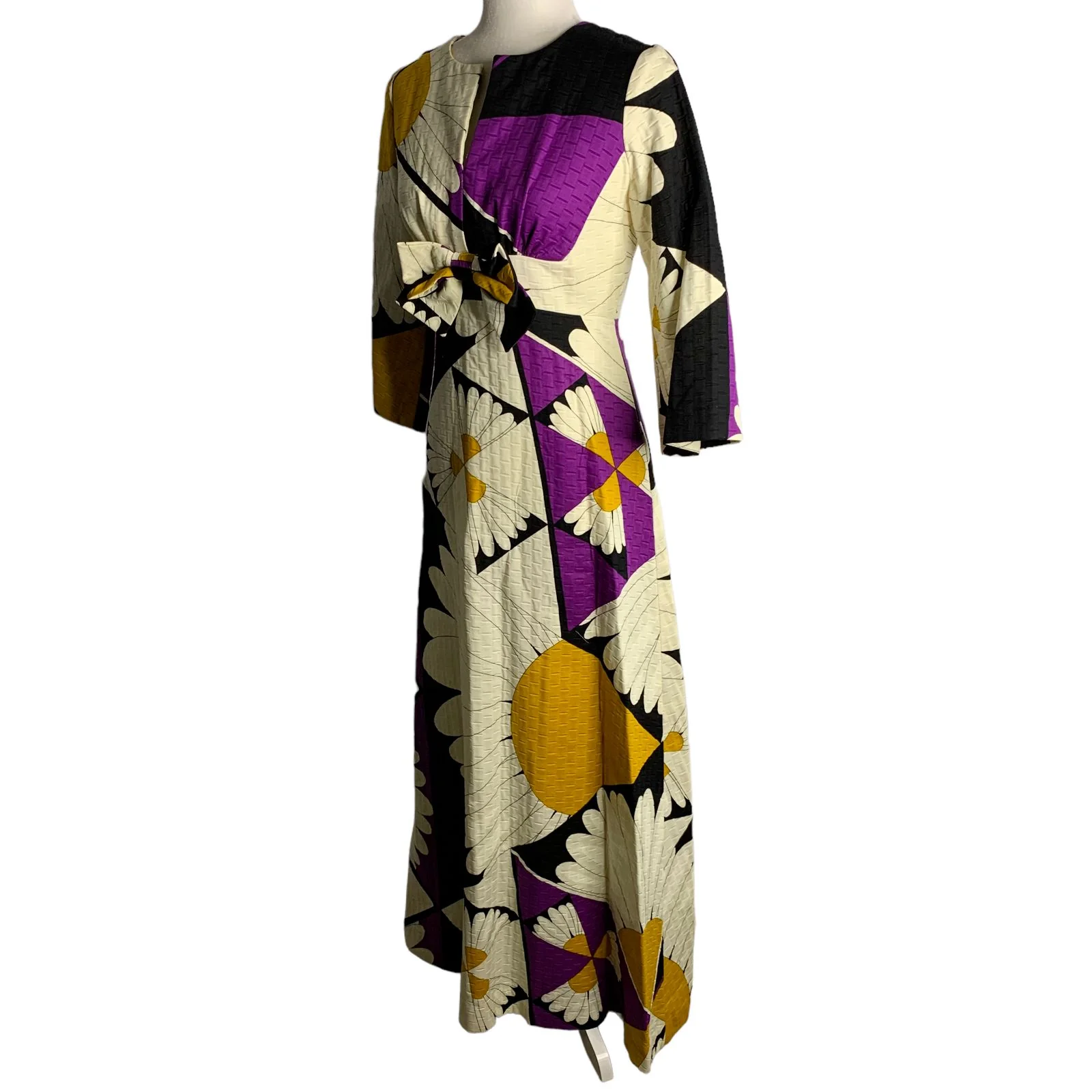 Vintage 70s Tori Richard Tropical Maxi Dress S Black Gold Daisy Sleeve by Tori Richard - Image 5
